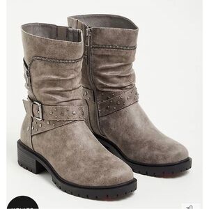 New in box Torrid gray studded moto boot. Womens 12WW.